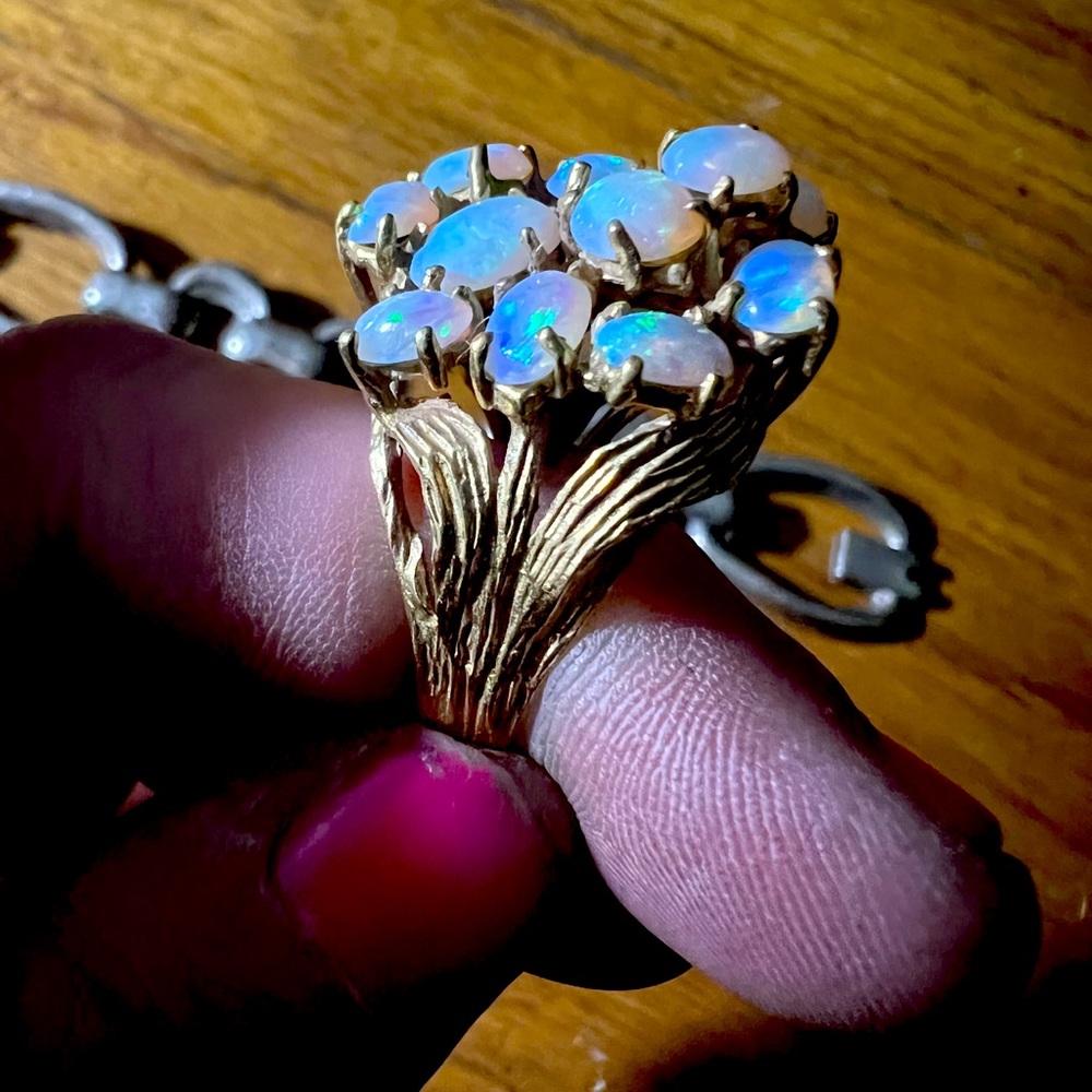 18k gold, lost wax cast, vintage opal ring. 13 opals.